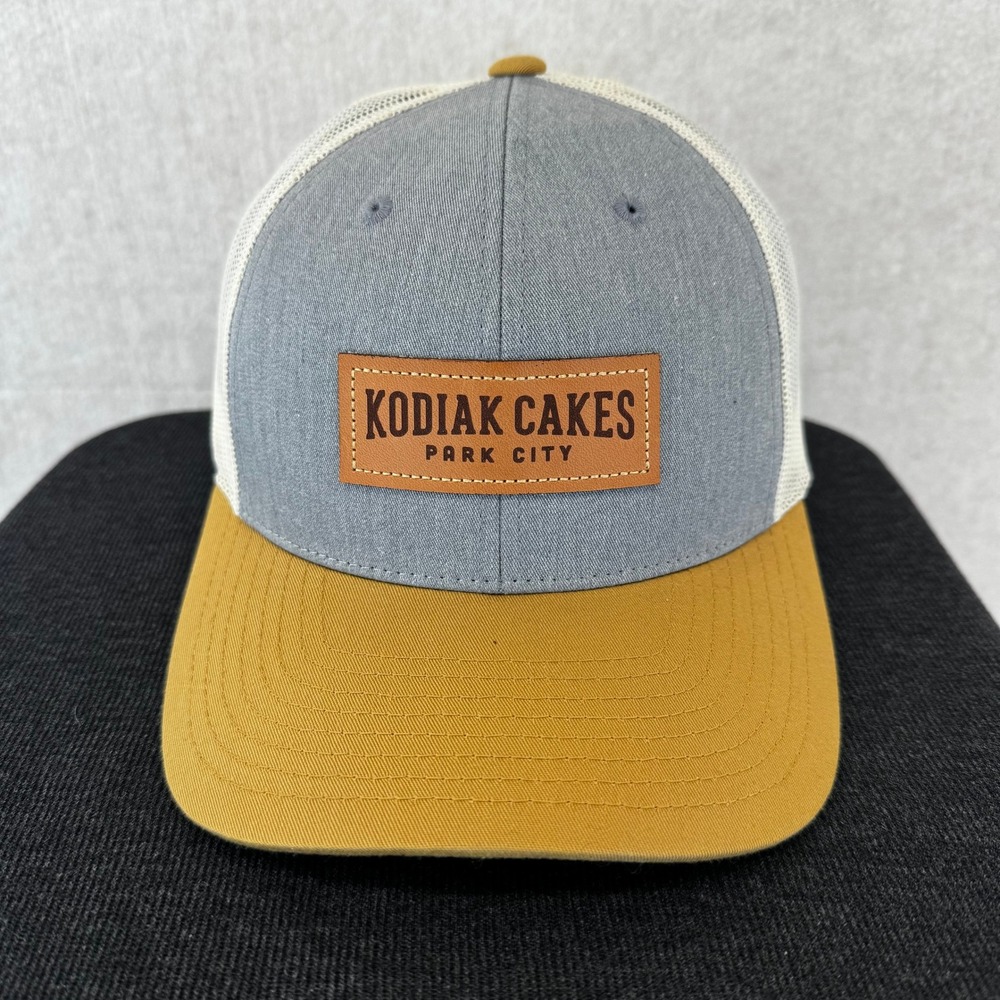 Kodiak Cakes Park City Leather Patch Trucker Hat Gray Yellow Richardson 115